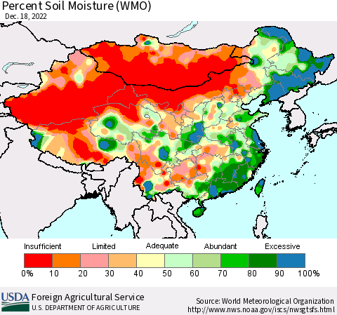 China, Mongolia and Taiwan Percent Soil Moisture (WMO) Thematic Map For 12/12/2022 - 12/18/2022