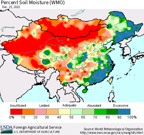 China, Mongolia and Taiwan Percent Soil Moisture (WMO) Thematic Map For 12/19/2022 - 12/25/2022