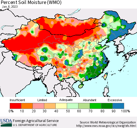 China, Mongolia and Taiwan Percent Soil Moisture (WMO) Thematic Map For 1/2/2023 - 1/8/2023