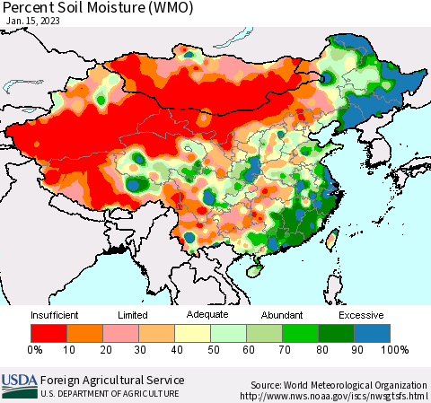 China, Mongolia and Taiwan Percent Soil Moisture (WMO) Thematic Map For 1/9/2023 - 1/15/2023