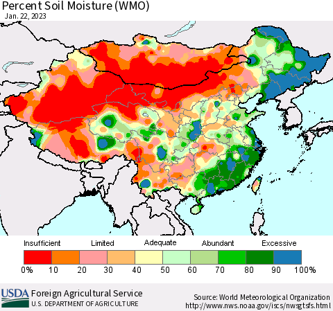 China, Mongolia and Taiwan Percent Soil Moisture (WMO) Thematic Map For 1/16/2023 - 1/22/2023