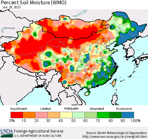 China, Mongolia and Taiwan Percent Soil Moisture (WMO) Thematic Map For 1/23/2023 - 1/29/2023