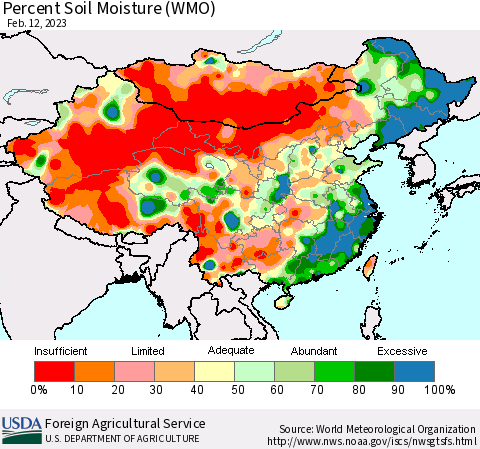 China, Mongolia and Taiwan Percent Soil Moisture (WMO) Thematic Map For 2/6/2023 - 2/12/2023