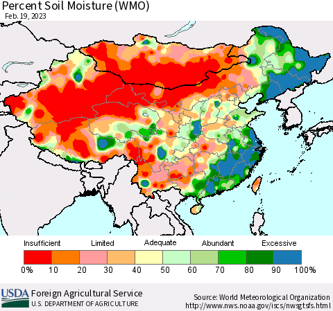 China, Mongolia and Taiwan Percent Soil Moisture (WMO) Thematic Map For 2/13/2023 - 2/19/2023