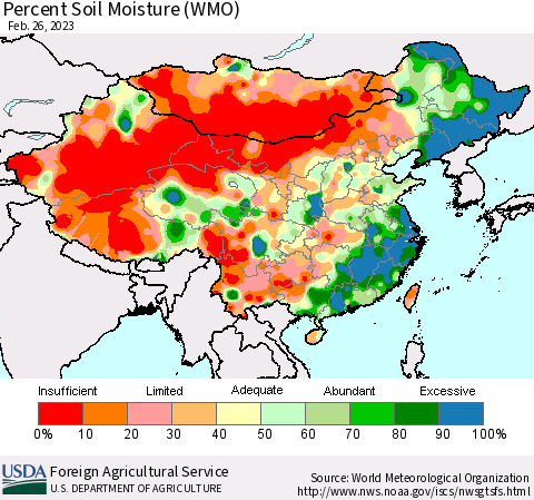 China, Mongolia and Taiwan Percent Soil Moisture (WMO) Thematic Map For 2/20/2023 - 2/26/2023