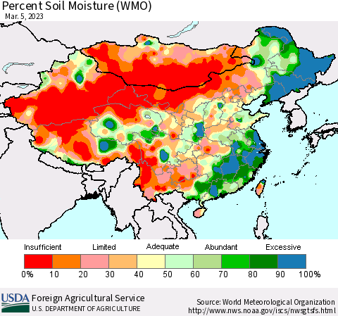 China, Mongolia and Taiwan Percent Soil Moisture (WMO) Thematic Map For 2/27/2023 - 3/5/2023