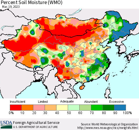 China, Mongolia and Taiwan Percent Soil Moisture (WMO) Thematic Map For 3/13/2023 - 3/19/2023