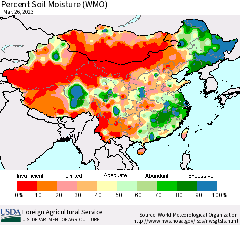 China, Mongolia and Taiwan Percent Soil Moisture (WMO) Thematic Map For 3/20/2023 - 3/26/2023