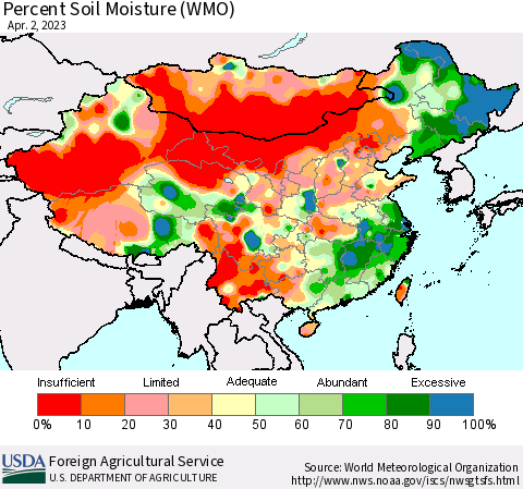 China, Mongolia and Taiwan Percent Soil Moisture (WMO) Thematic Map For 3/27/2023 - 4/2/2023