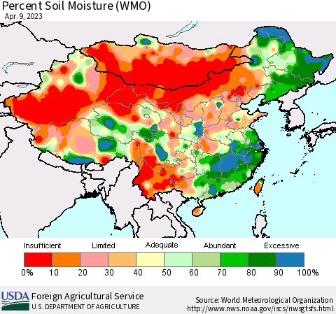 China, Mongolia and Taiwan Percent Soil Moisture (WMO) Thematic Map For 4/3/2023 - 4/9/2023