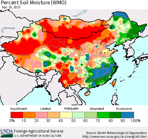 China, Mongolia and Taiwan Percent Soil Moisture (WMO) Thematic Map For 4/10/2023 - 4/16/2023