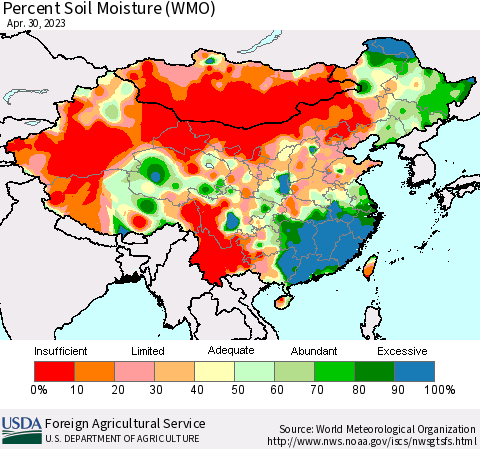 China, Mongolia and Taiwan Percent Soil Moisture (WMO) Thematic Map For 4/24/2023 - 4/30/2023