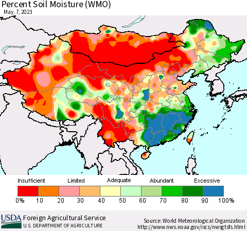 China, Mongolia and Taiwan Percent Soil Moisture (WMO) Thematic Map For 5/1/2023 - 5/7/2023