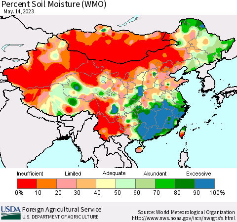 China, Mongolia and Taiwan Percent Soil Moisture (WMO) Thematic Map For 5/8/2023 - 5/14/2023