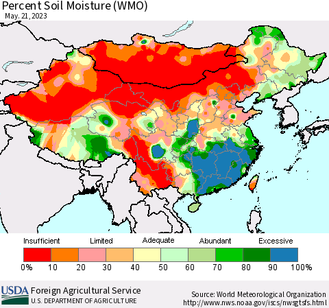 China, Mongolia and Taiwan Percent Soil Moisture (WMO) Thematic Map For 5/15/2023 - 5/21/2023