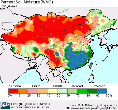 China, Mongolia and Taiwan Percent Soil Moisture (WMO) Thematic Map For 5/22/2023 - 5/28/2023