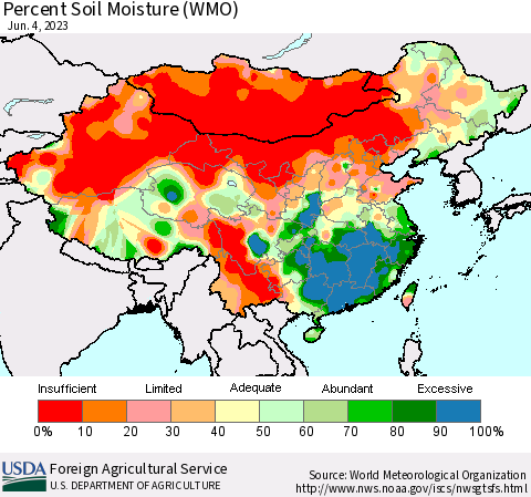 China, Mongolia and Taiwan Percent Soil Moisture (WMO) Thematic Map For 5/29/2023 - 6/4/2023