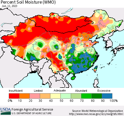 China, Mongolia and Taiwan Percent Soil Moisture (WMO) Thematic Map For 6/5/2023 - 6/11/2023