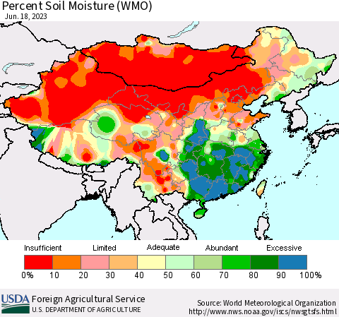 China, Mongolia and Taiwan Percent Soil Moisture (WMO) Thematic Map For 6/12/2023 - 6/18/2023