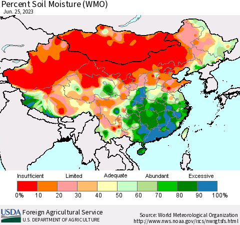 China, Mongolia and Taiwan Percent Soil Moisture (WMO) Thematic Map For 6/19/2023 - 6/25/2023