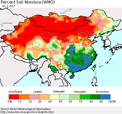 China, Mongolia and Taiwan Percent Soil Moisture (WMO) Thematic Map For 6/26/2023 - 7/2/2023