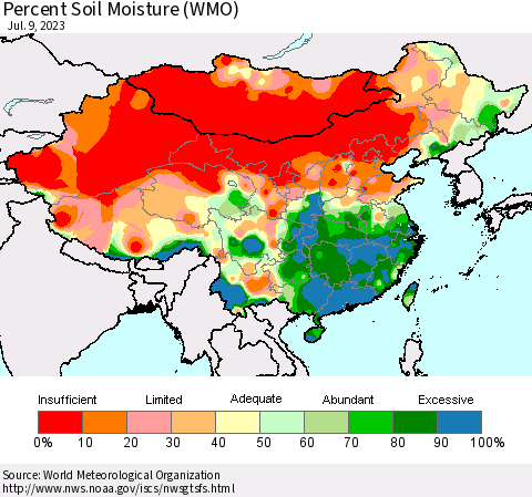 China, Mongolia and Taiwan Percent Soil Moisture (WMO) Thematic Map For 7/3/2023 - 7/9/2023