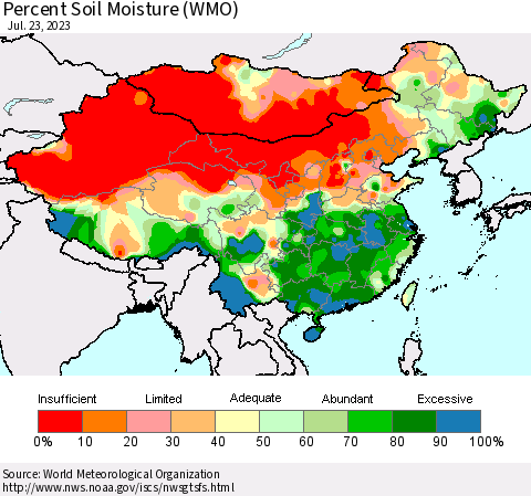 China, Mongolia and Taiwan Percent Soil Moisture (WMO) Thematic Map For 7/17/2023 - 7/23/2023