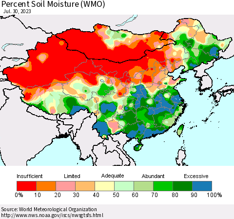 China, Mongolia and Taiwan Percent Soil Moisture (WMO) Thematic Map For 7/24/2023 - 7/30/2023