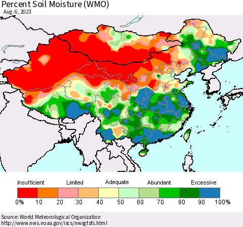 China, Mongolia and Taiwan Percent Soil Moisture (WMO) Thematic Map For 7/31/2023 - 8/6/2023