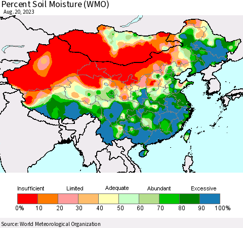 China, Mongolia and Taiwan Percent Soil Moisture (WMO) Thematic Map For 8/14/2023 - 8/20/2023