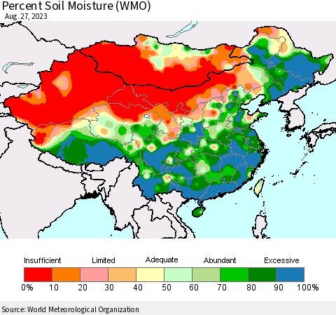 China, Mongolia and Taiwan Percent Soil Moisture (WMO) Thematic Map For 8/21/2023 - 8/27/2023