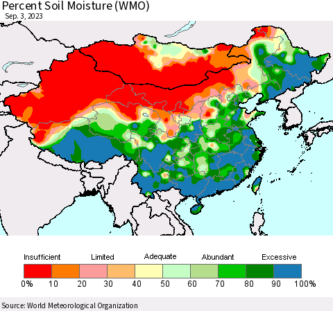 China, Mongolia and Taiwan Percent Soil Moisture (WMO) Thematic Map For 8/28/2023 - 9/3/2023