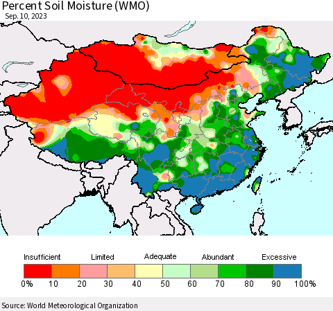 China, Mongolia and Taiwan Percent Soil Moisture (WMO) Thematic Map For 9/4/2023 - 9/10/2023