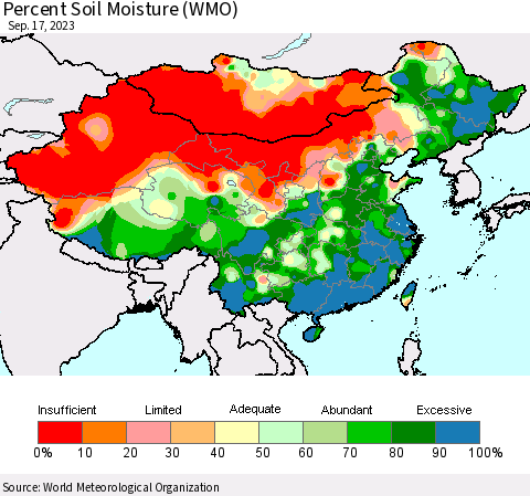 China, Mongolia and Taiwan Percent Soil Moisture (WMO) Thematic Map For 9/11/2023 - 9/17/2023