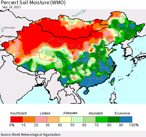 China, Mongolia and Taiwan Percent Soil Moisture (WMO) Thematic Map For 9/18/2023 - 9/24/2023