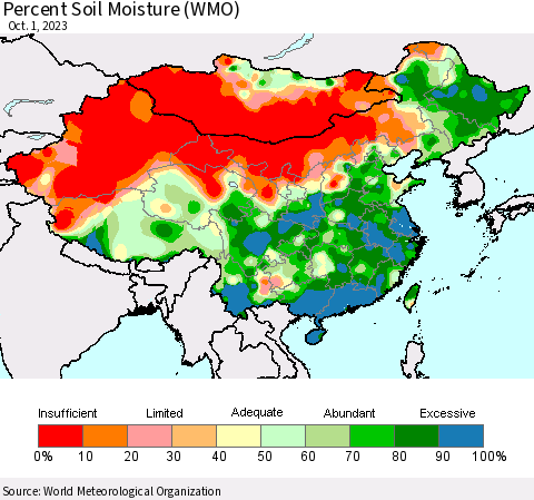 China, Mongolia and Taiwan Percent Soil Moisture (WMO) Thematic Map For 9/25/2023 - 10/1/2023