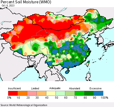 China, Mongolia and Taiwan Percent Soil Moisture (WMO) Thematic Map For 10/2/2023 - 10/8/2023