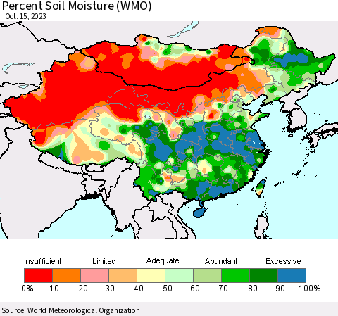 China, Mongolia and Taiwan Percent Soil Moisture (WMO) Thematic Map For 10/9/2023 - 10/15/2023
