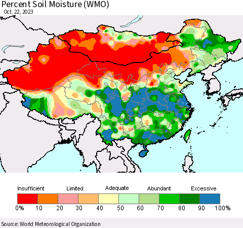 China, Mongolia and Taiwan Percent Soil Moisture (WMO) Thematic Map For 10/16/2023 - 10/22/2023