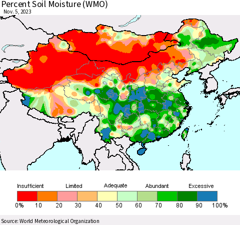 China, Mongolia and Taiwan Percent Soil Moisture (WMO) Thematic Map For 10/30/2023 - 11/5/2023