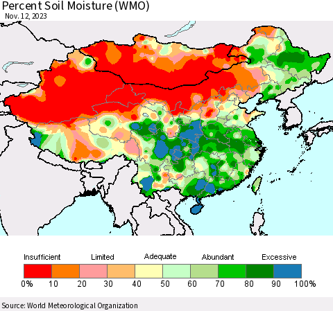 China, Mongolia and Taiwan Percent Soil Moisture (WMO) Thematic Map For 11/6/2023 - 11/12/2023