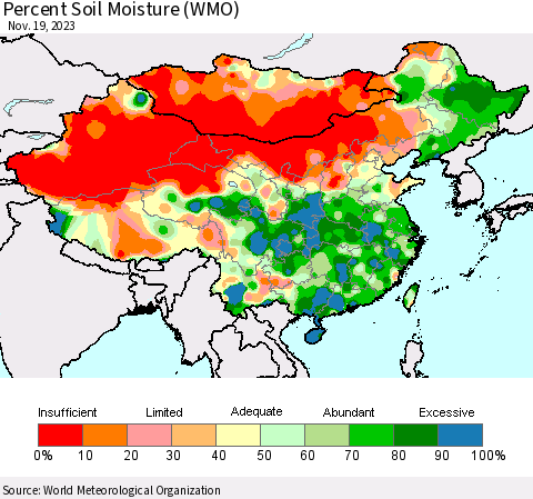 China, Mongolia and Taiwan Percent Soil Moisture (WMO) Thematic Map For 11/13/2023 - 11/19/2023