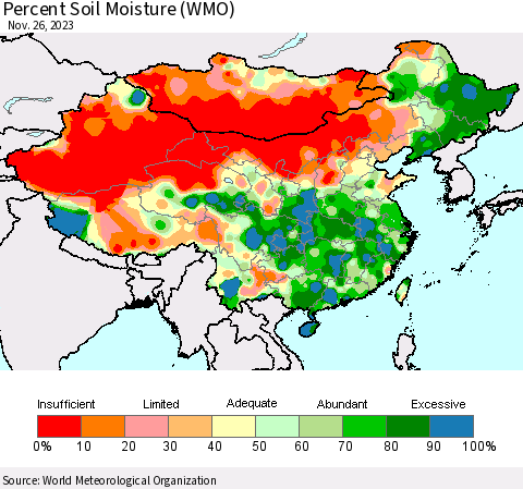 China, Mongolia and Taiwan Percent Soil Moisture (WMO) Thematic Map For 11/20/2023 - 11/26/2023