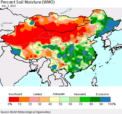 China, Mongolia and Taiwan Percent Soil Moisture (WMO) Thematic Map For 11/27/2023 - 12/3/2023