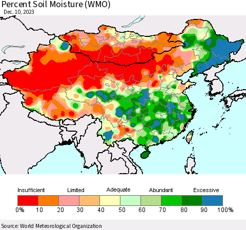 China, Mongolia and Taiwan Percent Soil Moisture (WMO) Thematic Map For 12/4/2023 - 12/10/2023