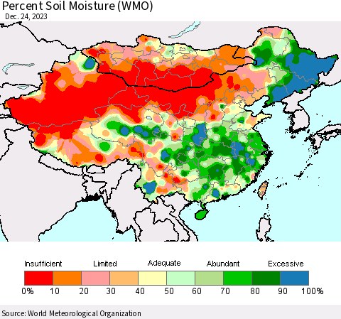 China, Mongolia and Taiwan Percent Soil Moisture (WMO) Thematic Map For 12/18/2023 - 12/24/2023
