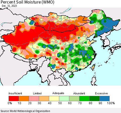 China, Mongolia and Taiwan Percent Soil Moisture (WMO) Thematic Map For 12/25/2023 - 12/31/2023