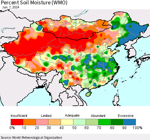 China, Mongolia and Taiwan Percent Soil Moisture (WMO) Thematic Map For 1/1/2024 - 1/7/2024