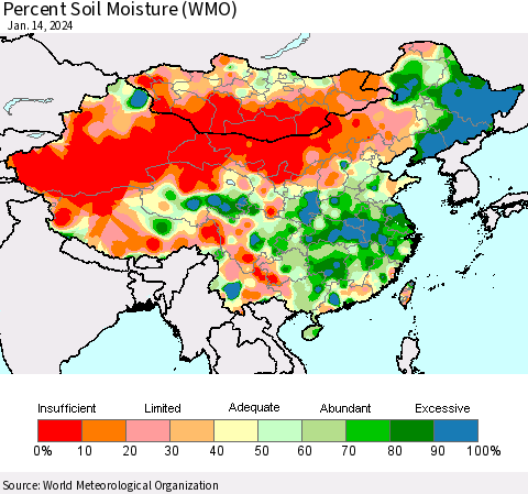 China, Mongolia and Taiwan Percent Soil Moisture (WMO) Thematic Map For 1/8/2024 - 1/14/2024