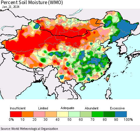 China, Mongolia and Taiwan Percent Soil Moisture (WMO) Thematic Map For 1/15/2024 - 1/21/2024